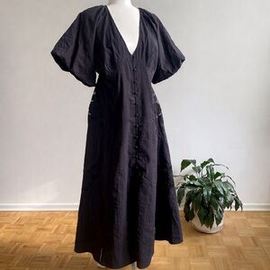 SOLD: Tu Broderie Puff Sleeve Embroidered Cotton Midi Dress, Black XL